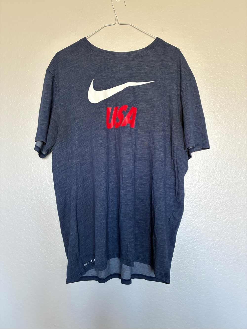 Nike XL The Nike Tee Navy Short Sleeve Dri-FIT Tee with White Swoosh and Red USA